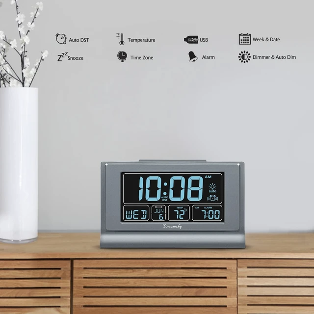 Alt view image 4 of 7 - Alarm Clocks for Bedrooms with Battery Backup, Auto Set | Digital Clock with Date & Day of Week, 5 Inch Large Display, Weekday, Temperature, USB Port, Auto DST, Brightness Dimmer