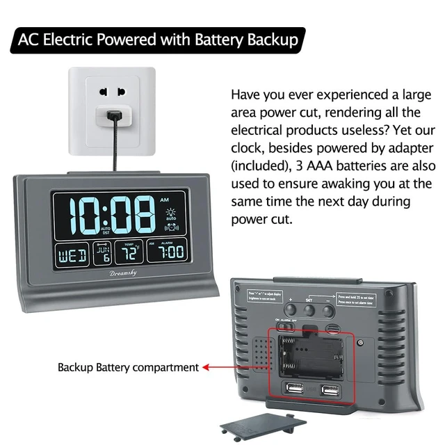 Alt view image 5 of 7 - Alarm Clocks for Bedrooms with Battery Backup, Auto Set | Digital Clock with Date & Day of Week, 5 Inch Large Display, Weekday, Temperature, USB Port, Auto DST, Brightness Dimmer