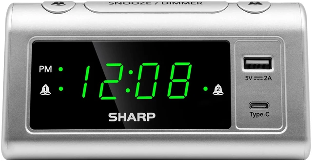 Main image of Digital Alarm Clock, USB-C & USB-A Charging, Dual Alarm, Green LED | 3-step dimmer, 9-minute snooze, easy-set controls, beep wake sound, AAA backup, silver finish, bedroom, nightstand, office