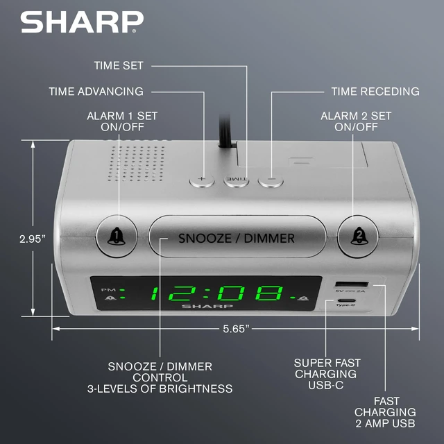 Alt view image 2 of 6 - Digital Alarm Clock, USB-C & USB-A Charging, Dual Alarm, Green LED | 3-step dimmer, 9-minute snooze, easy-set controls, beep wake sound, AAA backup, silver finish, bedroom, nightstand, office