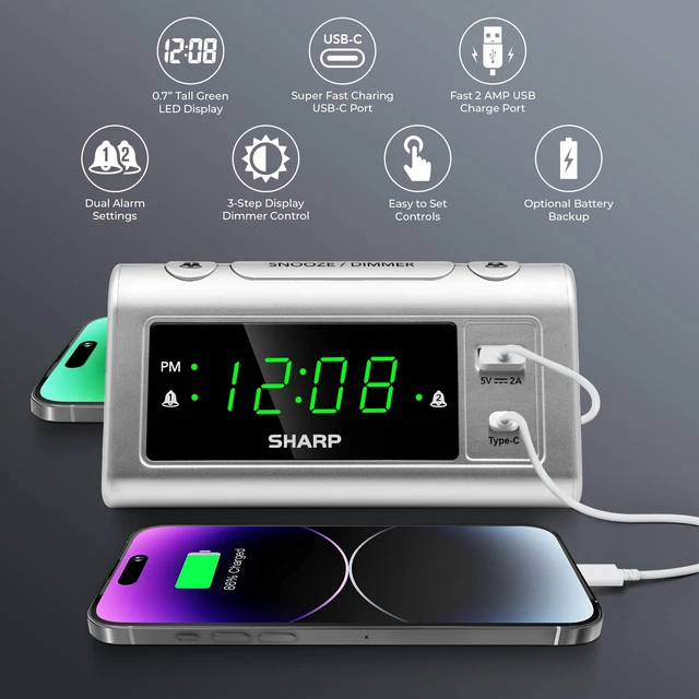 Alt view image 3 of 6 - Digital Alarm Clock, USB-C & USB-A Charging, Dual Alarm, Green LED | 3-step dimmer, 9-minute snooze, easy-set controls, beep wake sound, AAA backup, silver finish, bedroom, nightstand, office