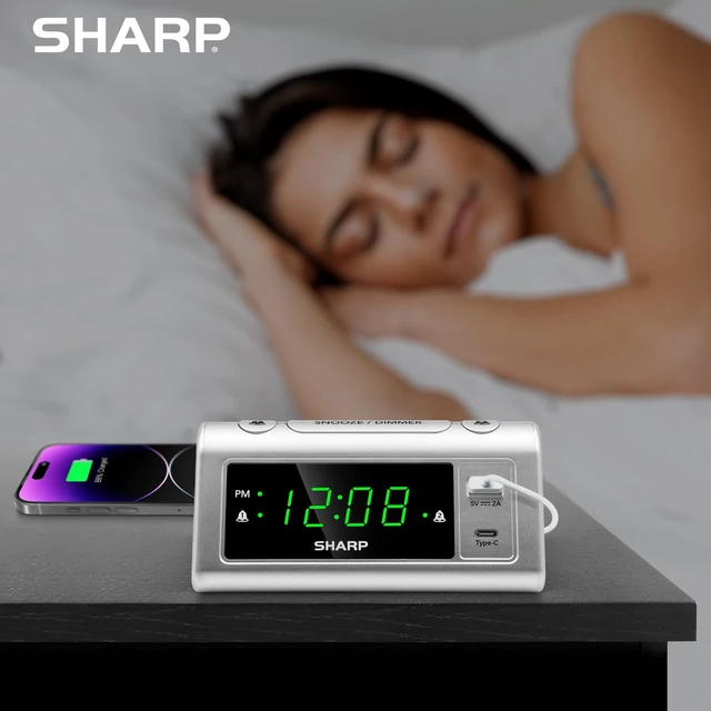 Alt view image 4 of 6 - Digital Alarm Clock, USB-C & USB-A Charging, Dual Alarm, Green LED | 3-step dimmer, 9-minute snooze, easy-set controls, beep wake sound, AAA backup, silver finish, bedroom, nightstand, office