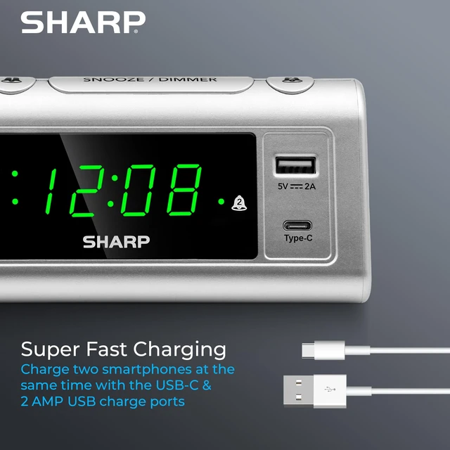 Alt view image 5 of 6 - Digital Alarm Clock, USB-C & USB-A Charging, Dual Alarm, Green LED | 3-step dimmer, 9-minute snooze, easy-set controls, beep wake sound, AAA backup, silver finish, bedroom, nightstand, office