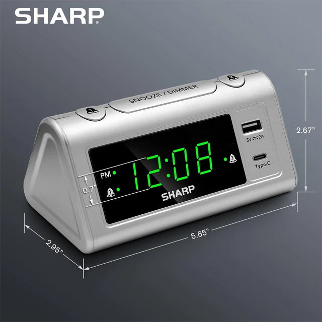 Alt view image 6 of 6 - Digital Alarm Clock, USB-C & USB-A Charging, Dual Alarm, Green LED | 3-step dimmer, 9-minute snooze, easy-set controls, beep wake sound, AAA backup, silver finish, bedroom, nightstand, office