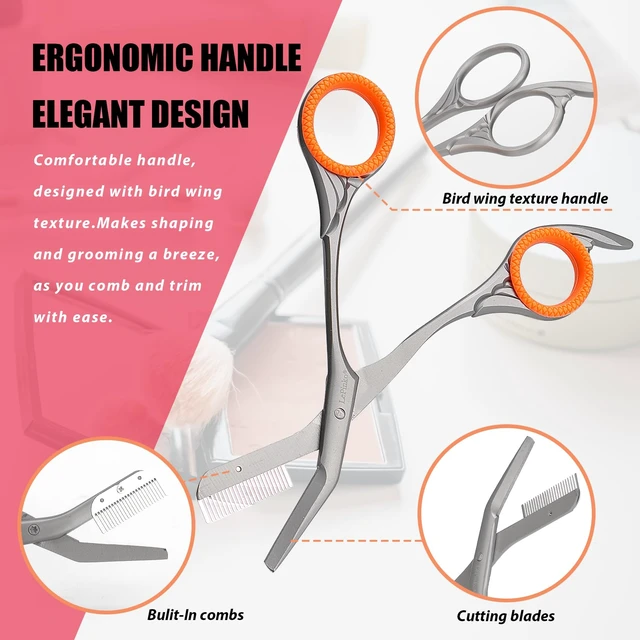 Alt view image 3 of 7 - Eyebrow Scissors with Combs For Trimming and Shaping, Powder Steel, Gray | Brow Trimmer, Gifts For Stocking Stuffers Men Women Older Father Mother Husband