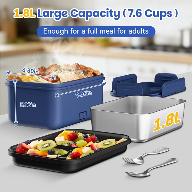 Alt view image 6 of 7 - Cordless Electric Lunch Box for Adults, 1.8L Rechargeable Heated Lunch Box Food Warmer, Portable Self Heating for Men/Women/Office/Car, Lonchera Eléctrica Portátil Battery Powered Father's Gift