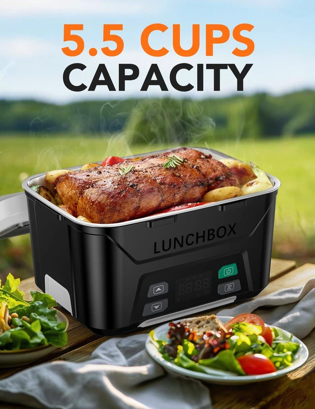 Alt view image 4 of 7 - Cordless Electric Lunch Box, Heated Lunch Box for Men with Timer | Self Heating Lunch box with Automatic Heating, 5.5 Cups Portable Food Warmer with Removable Tray Divider & Insulated Bag