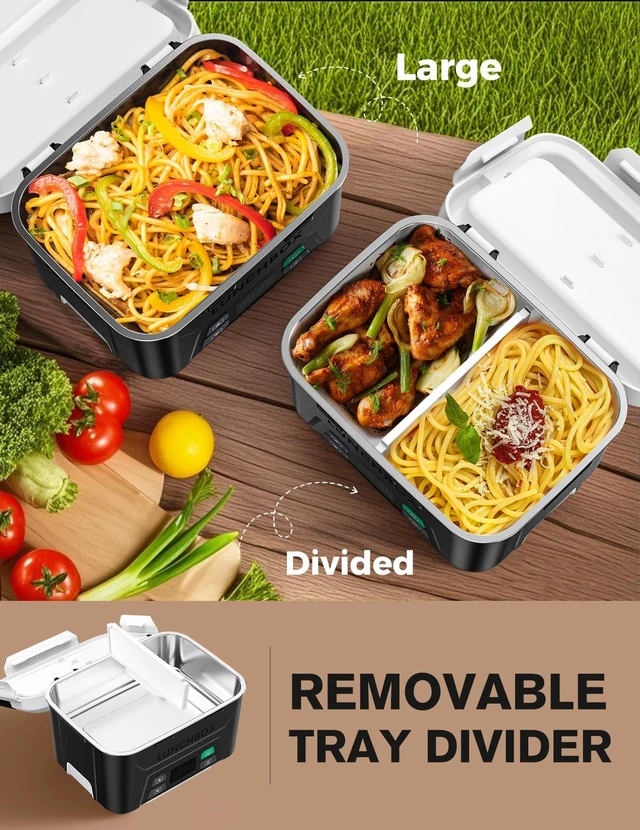 Alt view image 5 of 7 - Cordless Electric Lunch Box, Heated Lunch Box for Men with Timer | Self Heating Lunch box with Automatic Heating, 5.5 Cups Portable Food Warmer with Removable Tray Divider & Insulated Bag