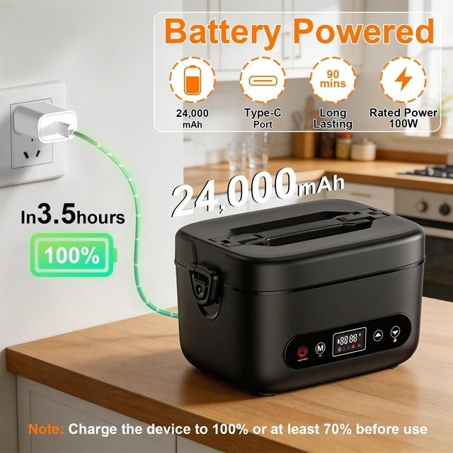 Alt view image 4 of 7 - Cordless Electric Lunch Box with 24000mAh Long-Lasting Battery, 5.5 Cups 304 Stainless Steel Heated Lunch Box & Portable Food Warmer for Hot Meals at Office, on Travel & Outdoors