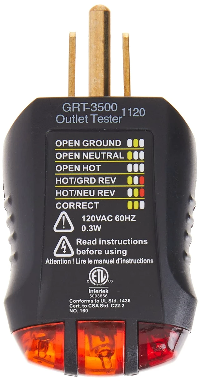 Alt view image 3 of 5 - GRT-3500 Outlet Receptacle Tester & Circuit Analyzer, Indicates 5 Wiring Errors, Easy Read Chart, Comfort Grip, 120 VAC , Black