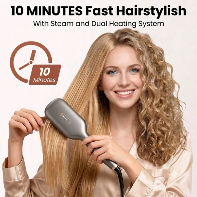 Alt view image 2 of 7 - Hair Straightener Brush Grey Hot Comb 110-240V Global Travel | 30s Fast Heating, Dual Voltage, Rotatable Power Cord, Negative Ionic Dense Bristles, Suitable for Various Hair Types