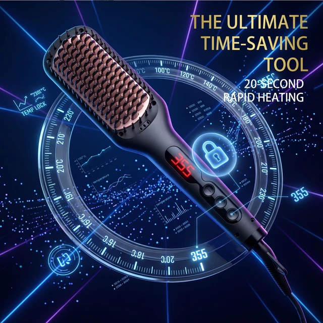 Alt view image 2 of 7 - Hair Straightener Brush, Ionic Ceramic Hair Straightening Brush for Frizzy Thick Hair, Heated Straightening Brush with MCH Fast Heat-Up, Anti-Scald, Auto Shutoff, Dual Voltage, Black