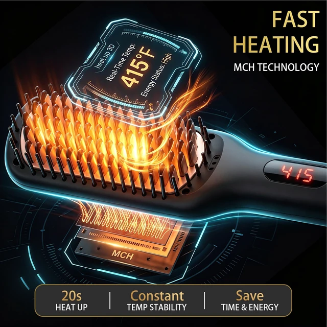 Alt view image 4 of 7 - Hair Straightener Brush, Ionic Ceramic Hair Straightening Brush for Frizzy Thick Hair, Heated Straightening Brush with MCH Fast Heat-Up, Anti-Scald, Auto Shutoff, Dual Voltage, Black