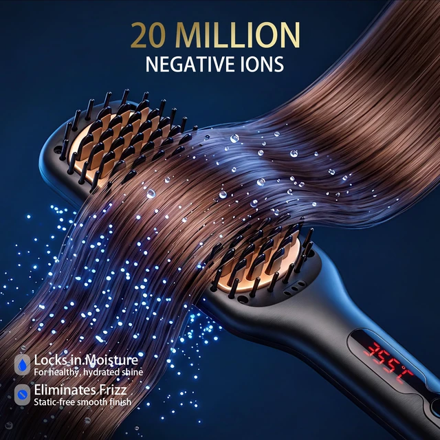 Alt view image 5 of 7 - Hair Straightener Brush, Ionic Ceramic Hair Straightening Brush for Frizzy Thick Hair, Heated Straightening Brush with MCH Fast Heat-Up, Anti-Scald, Auto Shutoff, Dual Voltage, Black
