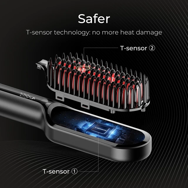 Alt view image 2 of 7 - Hair Straightener Brush - Ionic Mini Straightening Brush for Women | Ceramic Hot Comb Straightener Brush, Dense Bristles, 16 Temps, Dual Voltage, Flat Iron for Curly Hair, Black, 2 Inch