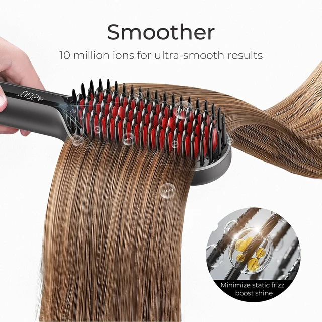 Alt view image 6 of 7 - Hair Straightener Brush - Ionic Mini Straightening Brush for Women | Ceramic Hot Comb Straightener Brush, Dense Bristles, 16 Temps, Dual Voltage, Flat Iron for Curly Hair, Black, 2 Inch