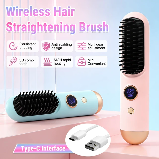 Alt view image 2 of 7 - 2026 Hair Straightener Brush, Cordless Hair Straightener Brush for Short Hair, Mini Portable Travel Straightening Hair Comb Brush with 9 Temps Fast Heating for Women, All Hair Types (Blue)