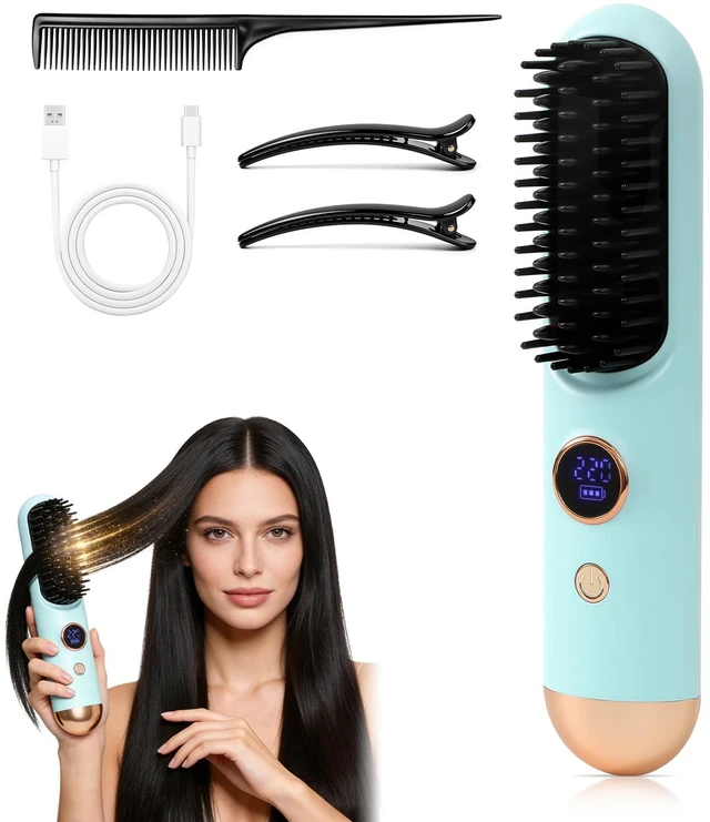 Main image of 2026 Hair Straightener Brush, Cordless Hair Straightener Brush for Short Hair, Mini Portable Travel Straightening Hair Comb Brush with 9 Temps Fast Heating for Women, All Hair Types (Blue)