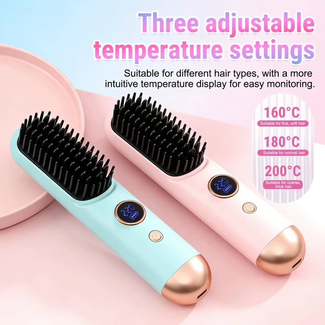 Alt view image 3 of 7 - 2026 Hair Straightener Brush, Cordless Hair Straightener Brush for Short Hair, Mini Portable Travel Straightening Hair Comb Brush with 9 Temps Fast Heating for Women, All Hair Types (Blue)