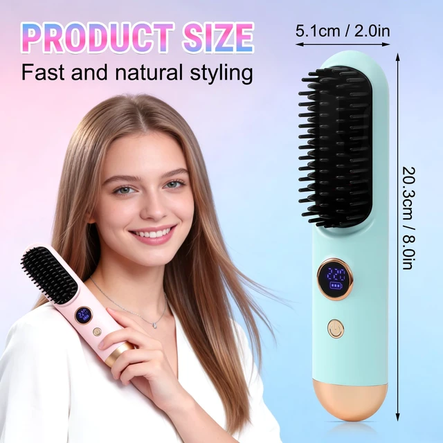 Alt view image 4 of 7 - 2026 Hair Straightener Brush, Cordless Hair Straightener Brush for Short Hair, Mini Portable Travel Straightening Hair Comb Brush with 9 Temps Fast Heating for Women, All Hair Types (Blue)