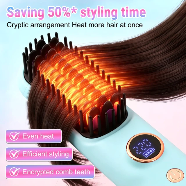 Alt view image 5 of 7 - 2026 Hair Straightener Brush, Cordless Hair Straightener Brush for Short Hair, Mini Portable Travel Straightening Hair Comb Brush with 9 Temps Fast Heating for Women, All Hair Types (Blue)