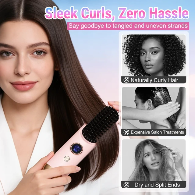Alt view image 6 of 7 - 2026 Hair Straightener Brush, Cordless Hair Straightener Brush for Short Hair, Mini Portable Travel Straightening Hair Comb Brush with 9 Temps Fast Heating for Women, All Hair Types (Blue)
