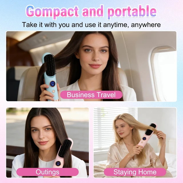Alt view image 7 of 7 - 2026 Hair Straightener Brush, Cordless Hair Straightener Brush for Short Hair, Mini Portable Travel Straightening Hair Comb Brush with 9 Temps Fast Heating for Women, All Hair Types (Blue)