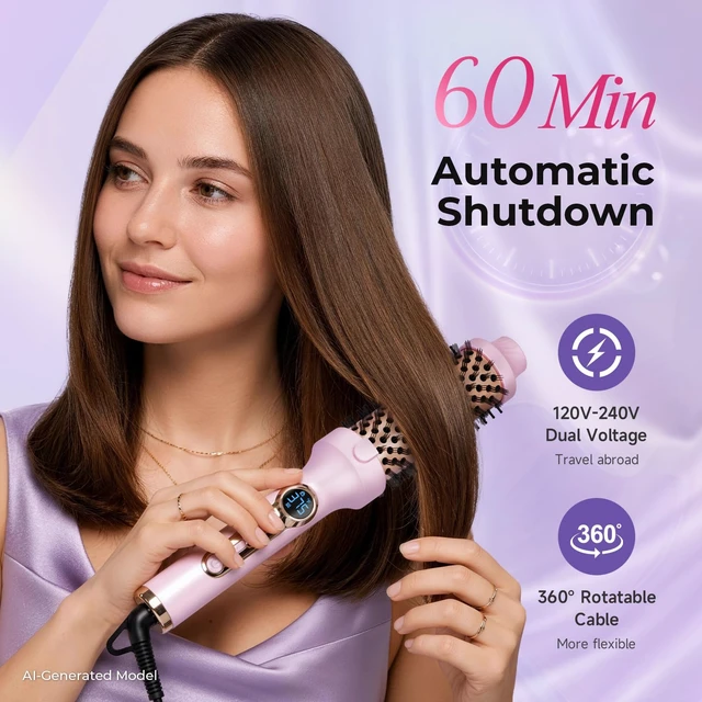 Alt view image 5 of 7 - Thermal Brush 1.5 inch, Curling Brush Volumizer (Pink) | Create Blowout Look Curling Iron with 5 Adjustable Temperature, Heated Round Styler Dual Voltage Hair Styling Tool