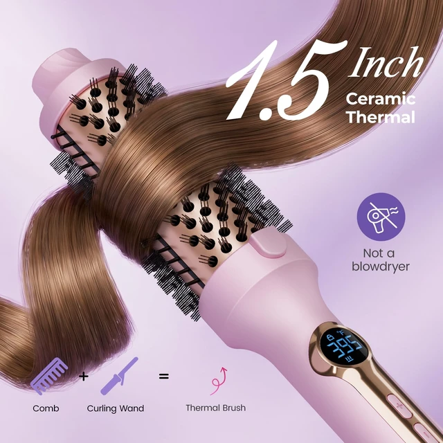 Alt view image 6 of 7 - Thermal Brush 1.5 inch, Curling Brush Volumizer (Pink) | Create Blowout Look Curling Iron with 5 Adjustable Temperature, Heated Round Styler Dual Voltage Hair Styling Tool