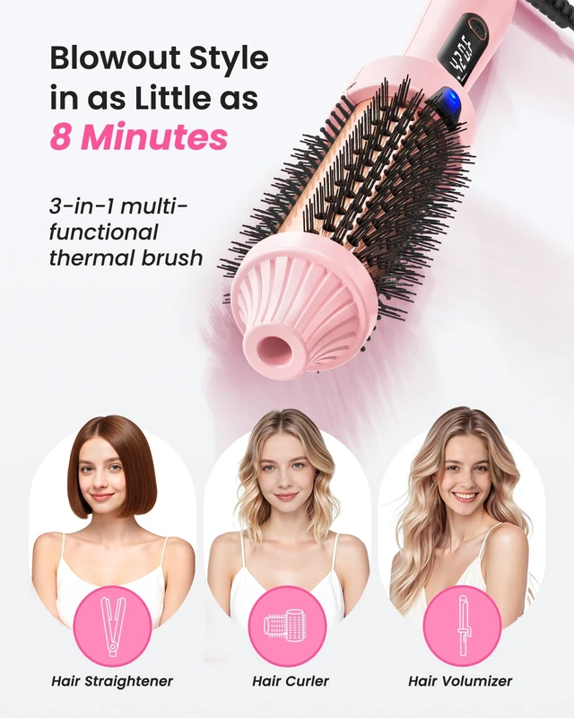 Alt view image 2 of 7 - 1.5" Thermal Brush for Blowout Ionic Hot Brush for Less Frizz | Keratin Ceramic Barrel, 6 Temps with LED, Dual PTC Heats In 30s, 8-Min Styling, 0.55lb, Dual Voltage 110V-240V, Travel-Ready