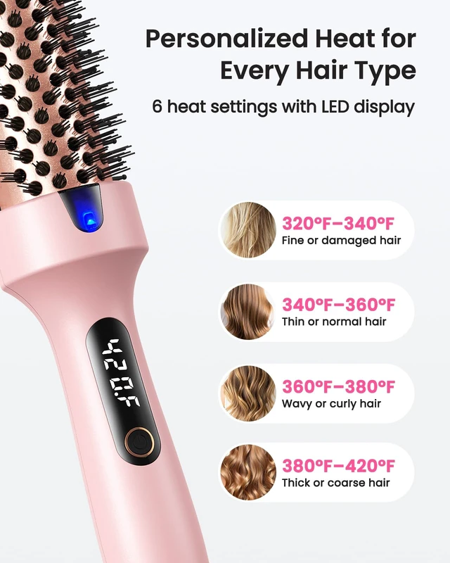 Alt view image 4 of 7 - 1.5" Thermal Brush for Blowout Ionic Hot Brush for Less Frizz | Keratin Ceramic Barrel, 6 Temps with LED, Dual PTC Heats In 30s, 8-Min Styling, 0.55lb, Dual Voltage 110V-240V, Travel-Ready
