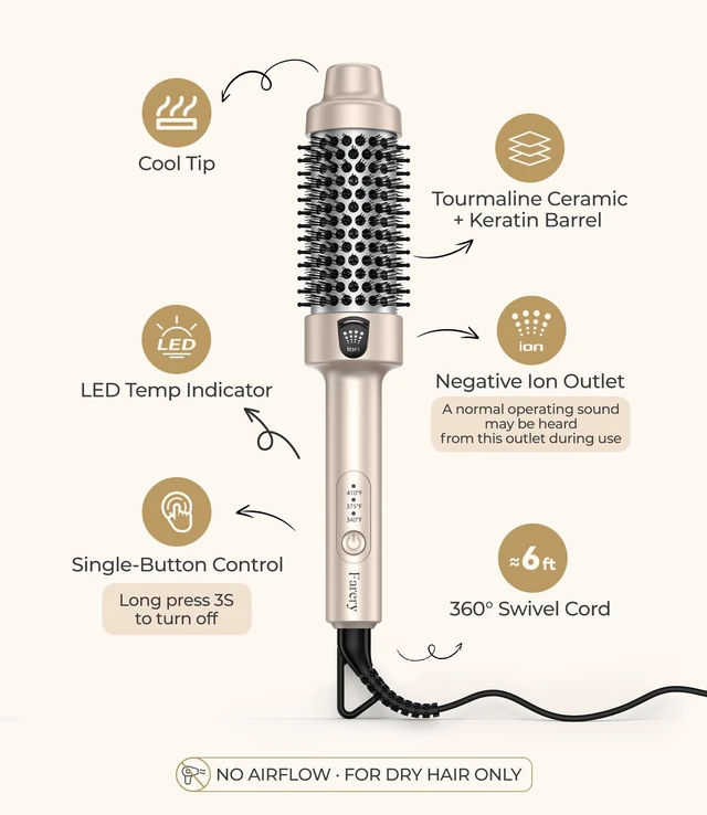 Alt view image 3 of 7 - Thermal Brush 1.5 Inch, Heated Round Brush for Blowout Look | Dual Voltage Compact Size for Travel, Ionic Ceramic, for C-Curls, Flips and Volume, Adjustable Heats 340-410F, Champagne