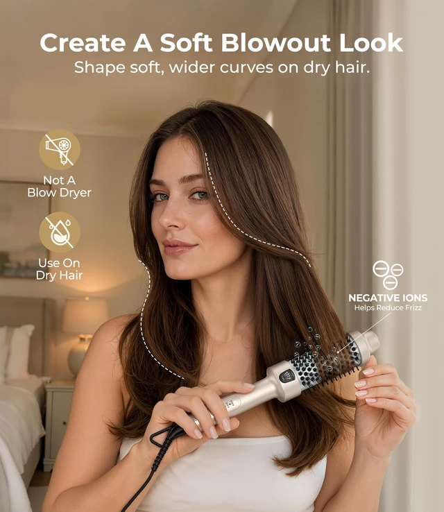 Alt view image 2 of 7 - Thermal Brush 1.5 Inch, Heated Round Brush for Blowout Look | Dual Voltage Compact Size for Travel, Ionic Ceramic, for C-Curls, Flips and Volume, Adjustable Heats 340-410F, Champagne