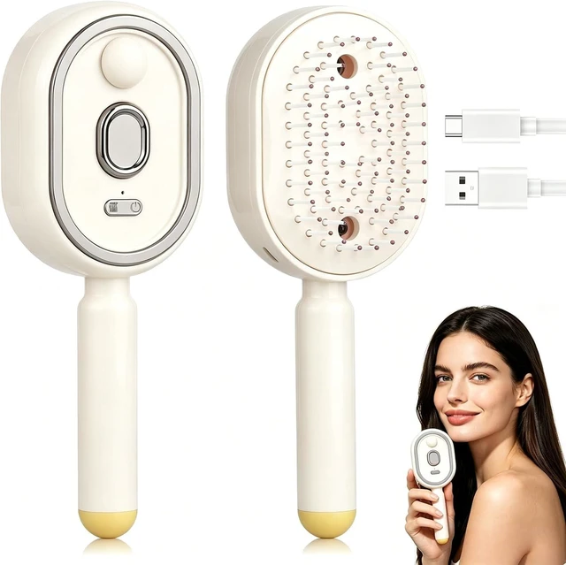 Main image of Electric Spray Air Cushion Massage Comb, Upgraded 5 in 1 Rechargeable Air Cushion Hair Brush, Retractable Self-Cleaning Steam Brush for Frizzy Hair & Scalp Care, Anti-Static & Detangling (Beige)
