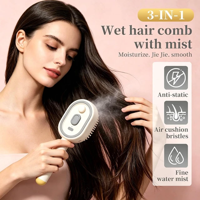 Alt view image 2 of 6 - Electric Spray Air Cushion Massage Comb, Upgraded 5 in 1 Rechargeable Air Cushion Hair Brush, Retractable Self-Cleaning Steam Brush for Frizzy Hair & Scalp Care, Anti-Static & Detangling (Beige)