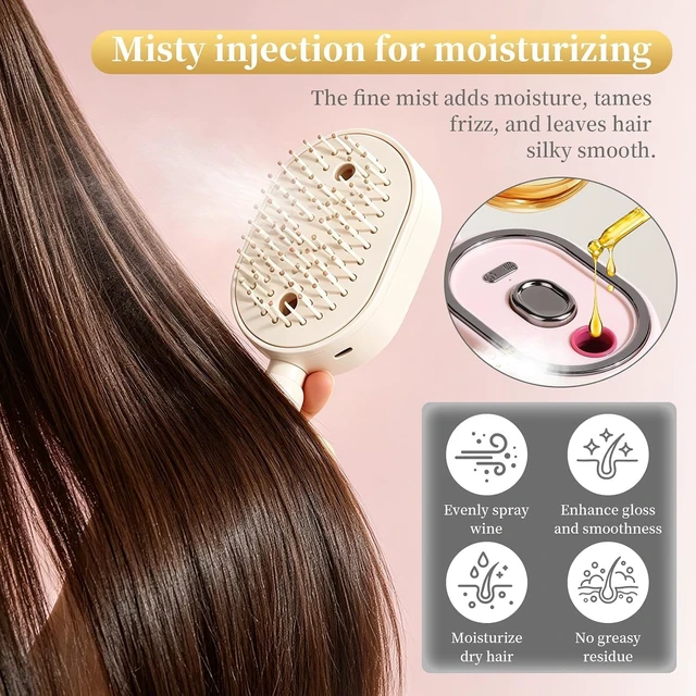 Alt view image 3 of 6 - Electric Spray Air Cushion Massage Comb, Upgraded 5 in 1 Rechargeable Air Cushion Hair Brush, Retractable Self-Cleaning Steam Brush for Frizzy Hair & Scalp Care, Anti-Static & Detangling (Beige)