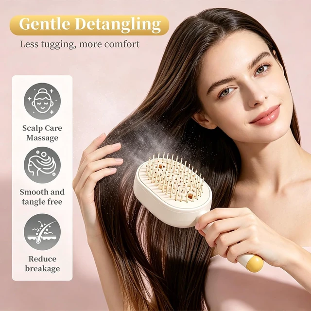 Alt view image 4 of 6 - Electric Spray Air Cushion Massage Comb, Upgraded 5 in 1 Rechargeable Air Cushion Hair Brush, Retractable Self-Cleaning Steam Brush for Frizzy Hair & Scalp Care, Anti-Static & Detangling (Beige)