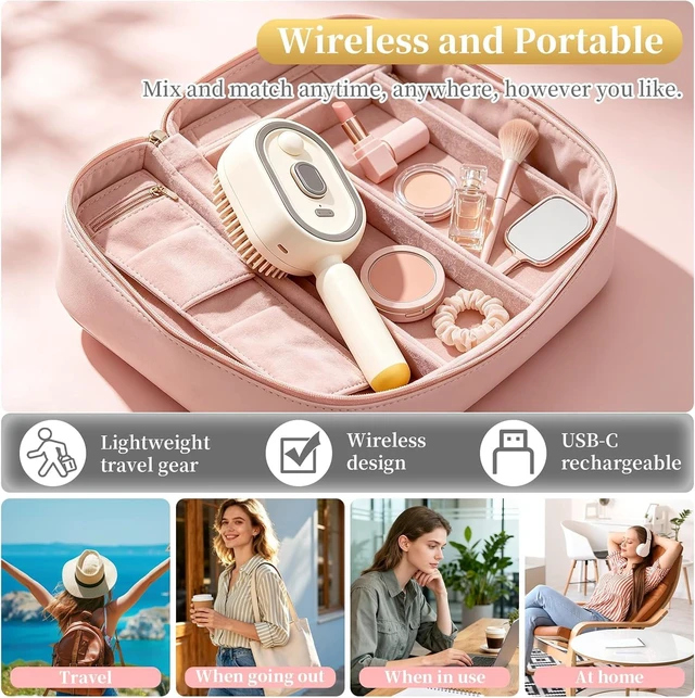 Alt view image 5 of 6 - Electric Spray Air Cushion Massage Comb, Upgraded 5 in 1 Rechargeable Air Cushion Hair Brush, Retractable Self-Cleaning Steam Brush for Frizzy Hair & Scalp Care, Anti-Static & Detangling (Beige)