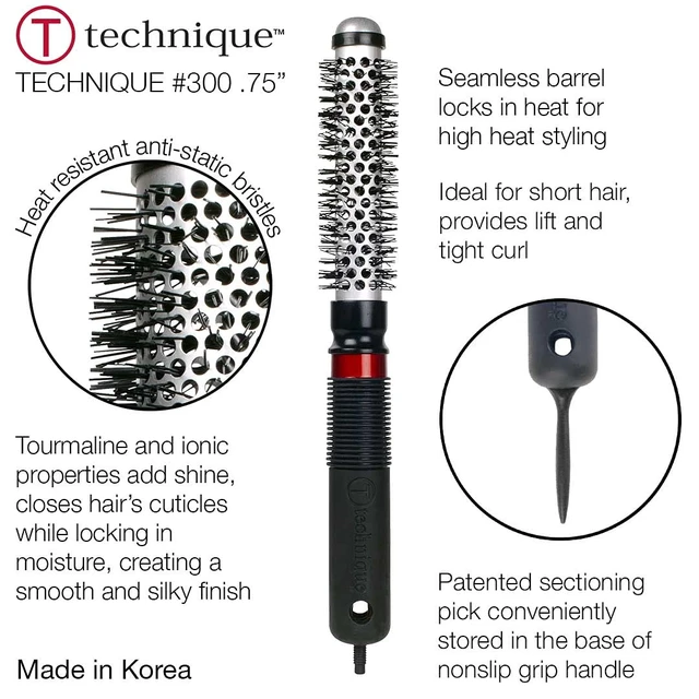 Alt view image 3 of 7 - Technique Thermal Hair Brush #300 0.75 for Blow-Drying, Curling, and Styling Heat-Retaining Barrel with Anti-Static Tourmaline Bristles, Round Thermal Brush, Not Electric, All Hair Types