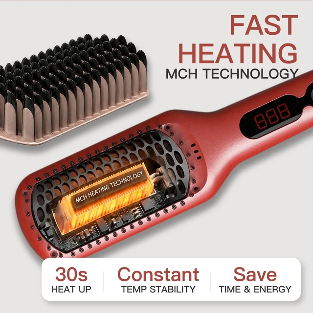 Alt view image 3 of 7 - Ceramic Ionic Hair Straightener Brush, Dual Voltage, Red | fast heating, ceramic ionic styling, LCD temperature control, detangling comb, anti-scald teeth, auto shutoff, dual voltage