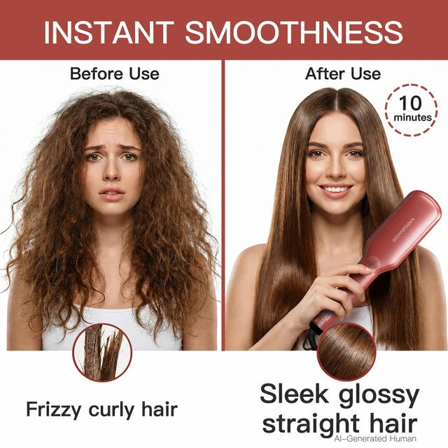 Alt view image 2 of 7 - Ceramic Ionic Hair Straightener Brush, Dual Voltage, Red | fast heating, ceramic ionic styling, LCD temperature control, detangling comb, anti-scald teeth, auto shutoff, dual voltage
