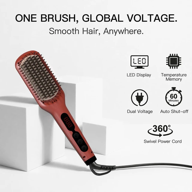 Alt view image 6 of 7 - Ceramic Ionic Hair Straightener Brush, Dual Voltage, Red | fast heating, ceramic ionic styling, LCD temperature control, detangling comb, anti-scald teeth, auto shutoff, dual voltage