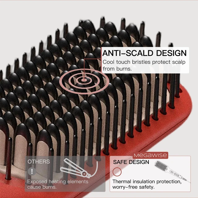 Alt view image 7 of 7 - Ceramic Ionic Hair Straightener Brush, Dual Voltage, Red | fast heating, ceramic ionic styling, LCD temperature control, detangling comb, anti-scald teeth, auto shutoff, dual voltage