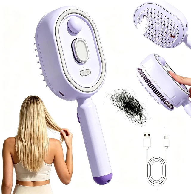 Main image of New 5in1 Electric Mist Air Cushion Massage Hair Brush, SelfCleaning AntiTangle Hair Care Comb, Shine Boost for Dry & Frizzy Hair, Ideal for Ladies (Purple)