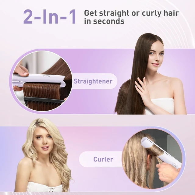 Alt view image 4 of 7 - Hair Straightener, 100-240V Dual Voltage Hair Straightener and Curler | Upgrade Straighteners for Women 15s Heat up, Professional Negative Ion Ceramic Flat Iron Less Frizz, 5 Temp & Auto-Off, Lilac