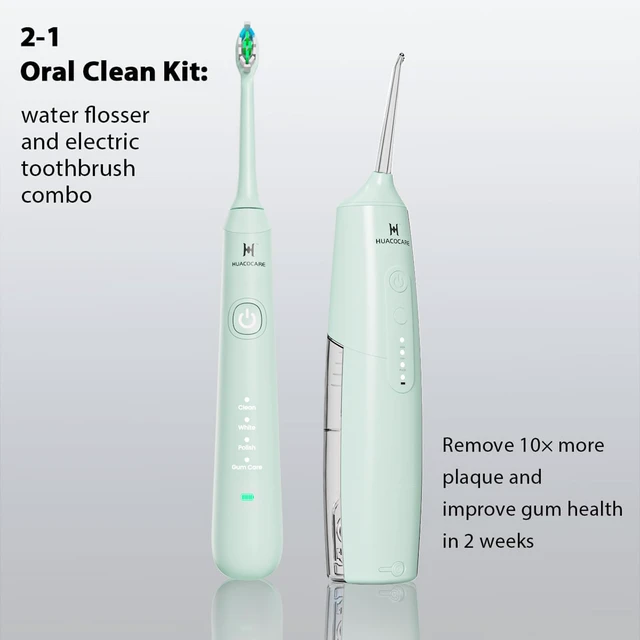 Alt view image 2 of 6 - 2-1 Oral Clean Kit- Water Dental flosser & Electric Toothbrush Combo- Brushing & Flossing- for Teeth Cleaning and Gum Health (Light Green)