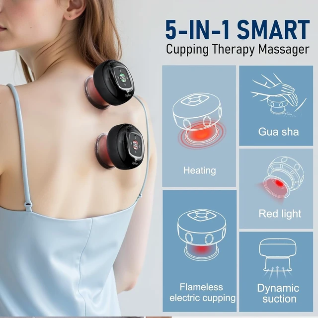 Alt view image 3 of 7 - 5-in-1 Smart Dynamic Cupping Set, 12 Levels Cupping Kit for Massage Therapy with Heat Penetrates for Targeted Pain Relief, Knots, Aches, Muscle Soreness - Black