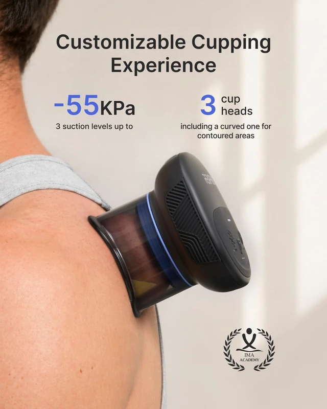 Alt view image 3 of 7 - Emberace Cup Cupping Massager with 850nm Infrared Heating, 1-Pack | Rechargeable Cupping Set, 3 Suction Levels, 3/5/8-Min Timer, 3 Heads, Storage Pouch, for Athlete, Office Tension Relief