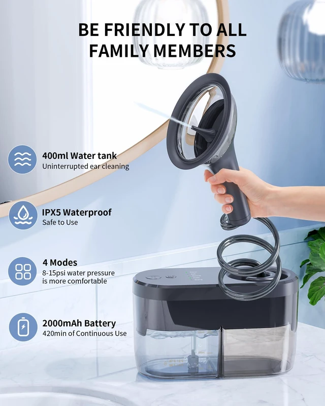 Alt view image 5 of 6 - Electric Ear Wax Removal Kit for Adults, FSA-HSA-Eligible, Home Use | One-Handed Ear Irrigation Flushing System, Big Dual Water Tank(Each 400ML), 1-Hole/3-Hole Nozzle, 4 Cleaning Modes, Black