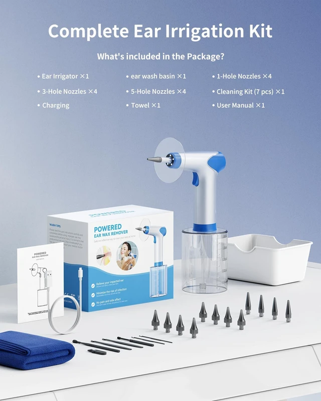 Alt view image 7 of 7 - Ear Wax Removal Kit, Ear Cleaner with Water Temperature Sensor | Electric Ear Wax Removal Tool with 4 Pressure Modes, 2000mAh Battery, 12 Tips & Basin, Earwax Removal for Adults Kids